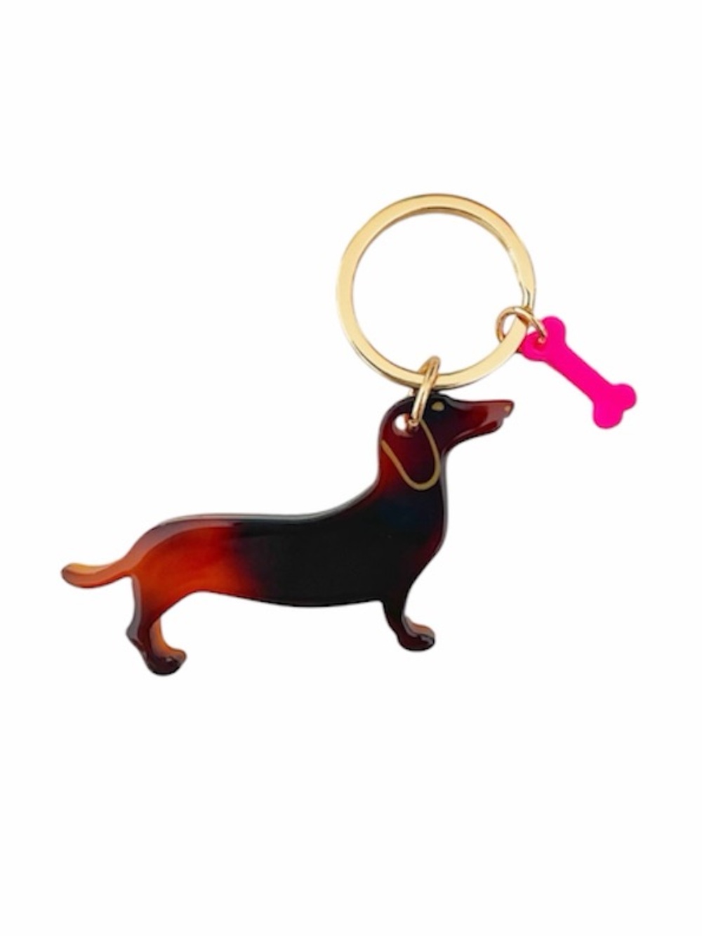 NWT Acrylic Brown Dachshund Keychain w/ Pink Dog Bone
